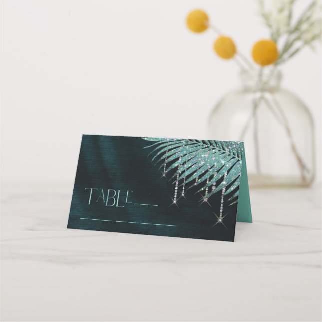 Jewel Palm Leaf Wedding Aquamarin ID830 Platzkarte (Vorderseite)