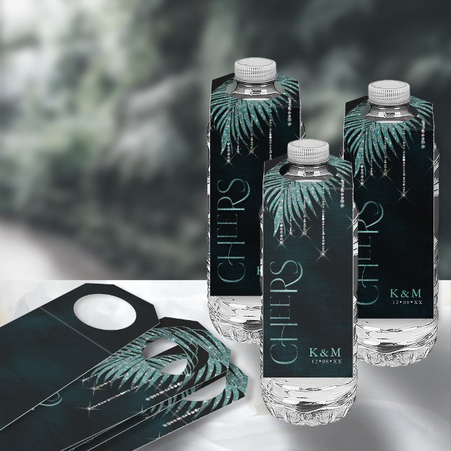 Jewel Palm Leaf Wedding Cheers Aquamarin ID830 Flaschenanhänger (Front/Back In Situ)