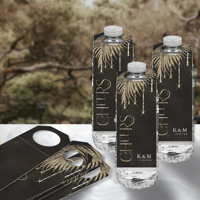 Jewel Palm Leaf Wedding Cheers Gold ID830 Flaschenanhänger (Front/Back In Situ)