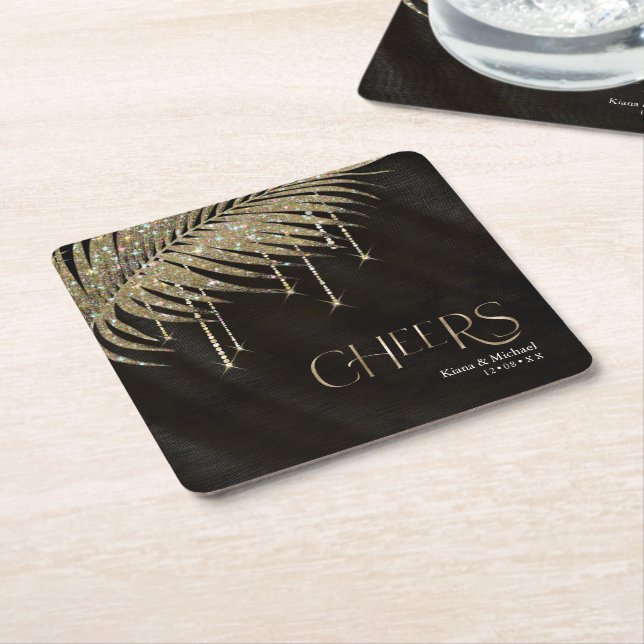 Jewel Palm Leaf Wedding Cheers Gold ID830 Rechteckiger Pappuntersetzer (angewinkelt)