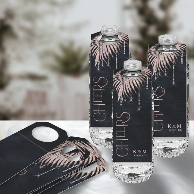 Jewel Palm Leaf Wedding Cheers Rose Gold ID830 Flaschenanhänger (Front/Back In Situ)