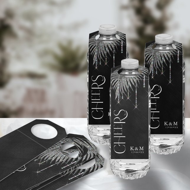 Jewel Palm Leaf Wedding Cheers Silver ID830 Flaschenanhänger (Front/Back In Situ)