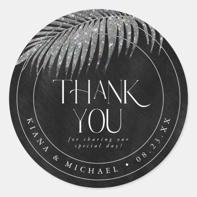 Jewel Palm Leaf Wedding Danke Silver ID830 Runder Aufkleber (Vorderseite)