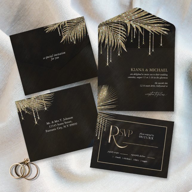 Jewel Palm Leaf Wedding Gold ID830 All In One Einladung (Von Creator hochgeladen)