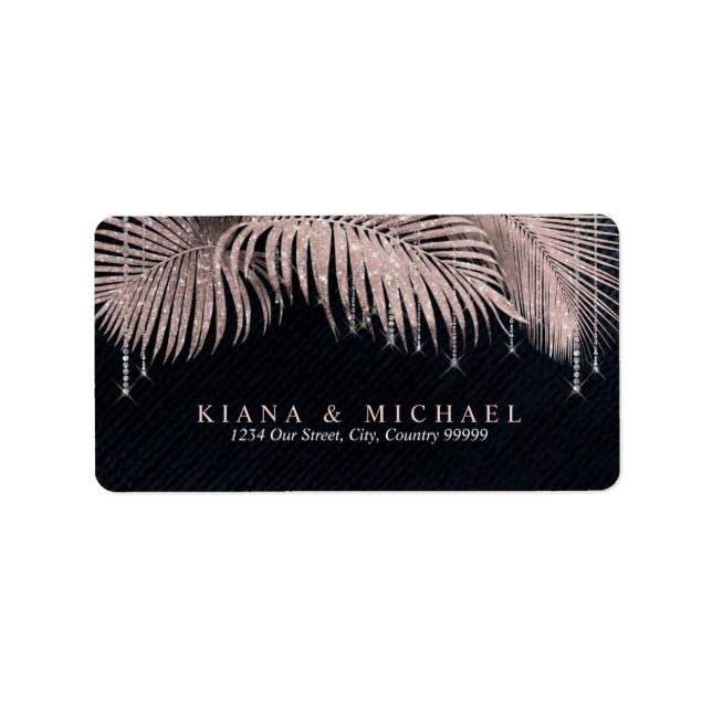 Jewel Palm Leaf Wedding Rose Gold/Navy ID830 Adressaufkleber (Vorne)