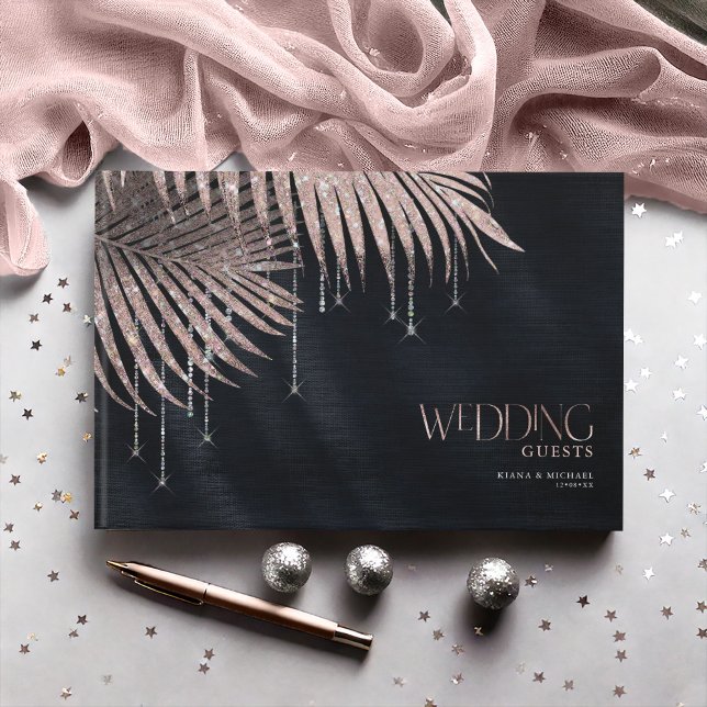 Jewel Palm Leaf Wedding Rose Gold/Navy ID830 Gästebuch (Von Creator hochgeladen)