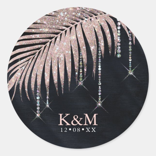 Jewel Palm Leaf Wedding Rose Gold/Navy ID830 Runder Aufkleber (Vorderseite)