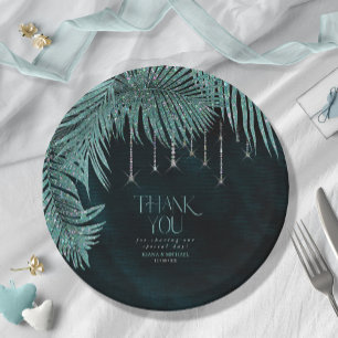 Jewel Palm Leaf Wedding Teal V2 ID830 Pappteller