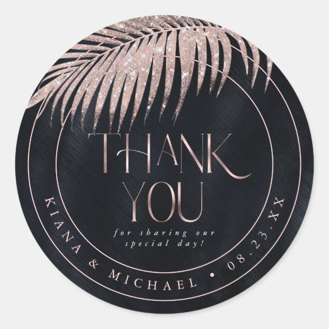 Jewel Palm Leaf Wedding Vielen Dank Rose Gold ID83 Runder Aufkleber (Vorderseite)