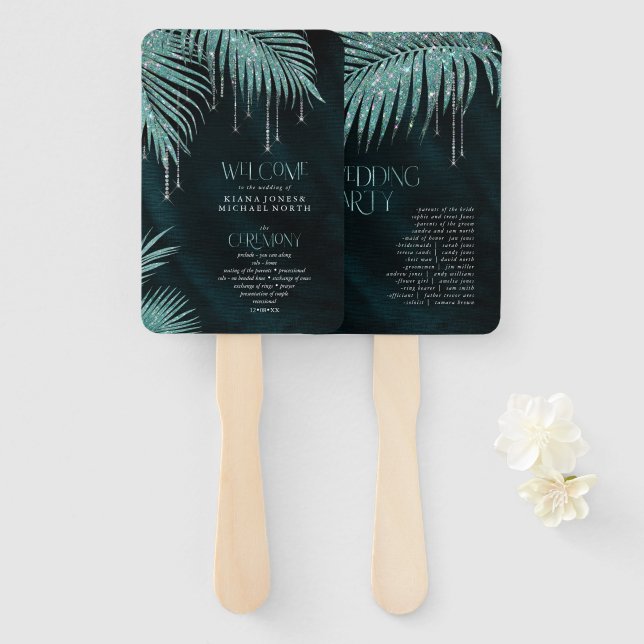 Jewel Palm Leaf Zeremonie Programm Aquamarin ID830 Fächer (Vorne und Hinten)