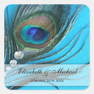 Jewel Peacock Feather Gastgeschenk Hochzeit Quadratischer Aufkleber