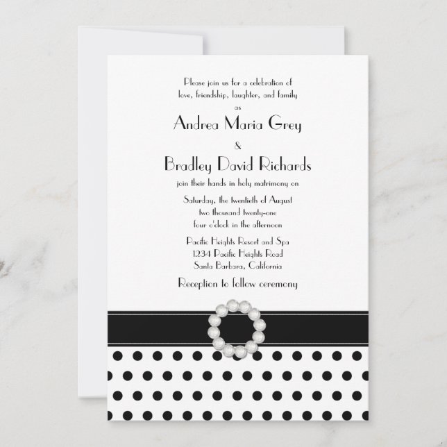 Jewel Schwarz-weiß Polka Dot Wedding Einladung (Vorderseite)