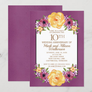 Jewel-Ton-Lila-Gelb-Blumenmuster zum 10. Hochzeits Einladung