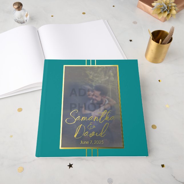 Jewel Tone Blue Foto Wedding Foil Gästebuch (Vorderseite Offen)