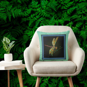 Jewel Tone Dragonfly Meets Mandala on Aqua Kissen