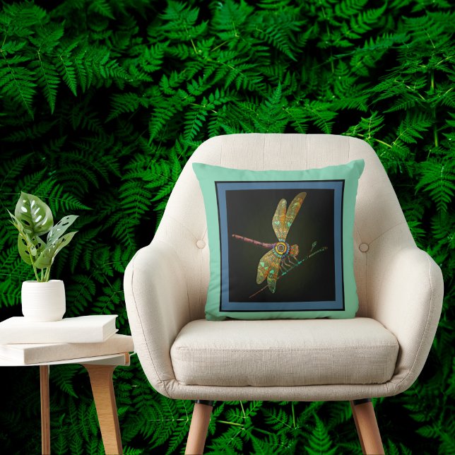 Jewel Tone Dragonfly Meets Mandala on Aqua Kissen (Von Creator hochgeladen)