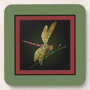 Jewel Tone Dragonfly Meets Mandala on Olive Getränkeuntersetzer