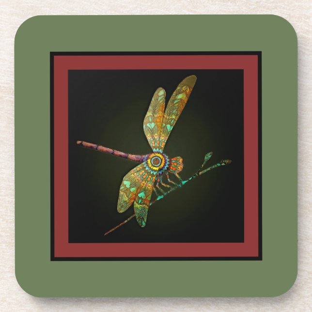 Jewel Tone Dragonfly Meets Mandala on Olive Getränkeuntersetzer (Vorderseite)