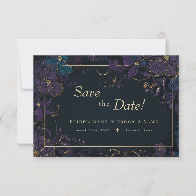 Jewel Tone Lila und Aquamarine Blume Save The Date (Vorderseite)