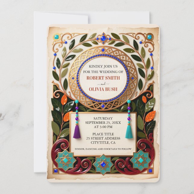Jewel Tone Moroccan Wedding Invitation Gold Einladung (Vorderseite)
