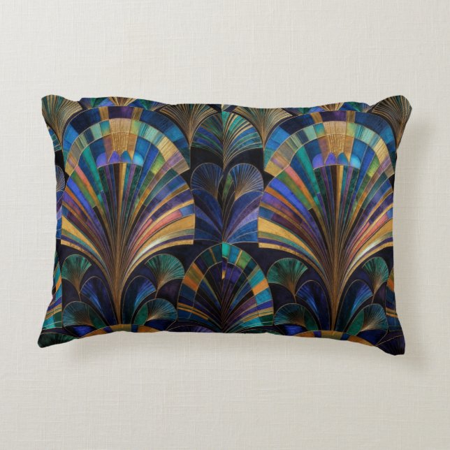 Jewel Tone Peacock Blue Purple Gold Art Deco Dekokissen (Rückseite)