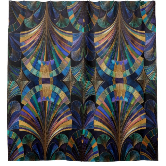Jewel Tone Peacock Blue Purple Gold Art Deco Duschvorhang (Vorderseite)