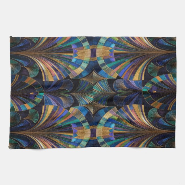 Jewel Tone Peacock Blue Purple Gold Art Deco Geschirrtuch (Horizontal)