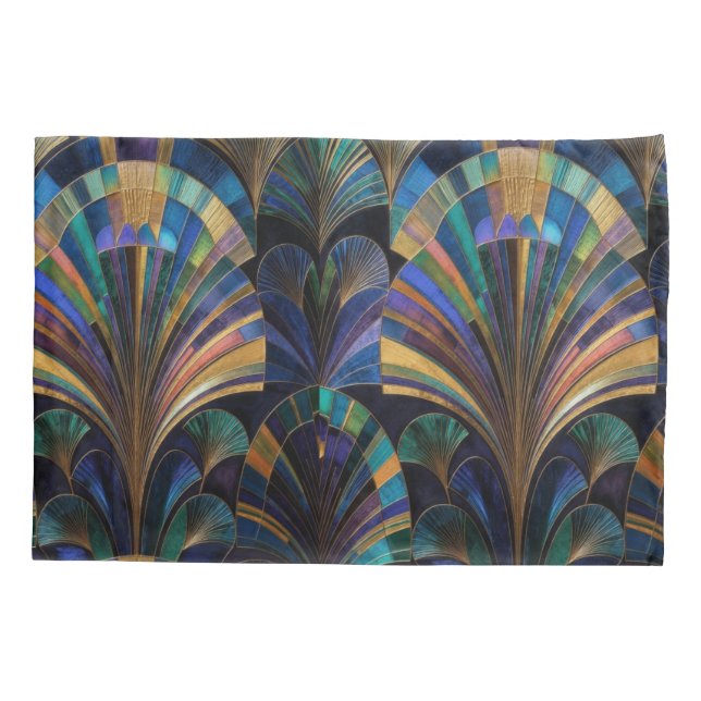 Jewel Tone Peacock Blue Purple Gold Art Deco Kissenbezug (Rückseite)
