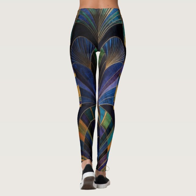 Jewel Tone Peacock Blue Purple Gold Art Deco Leggings (Rückseite)