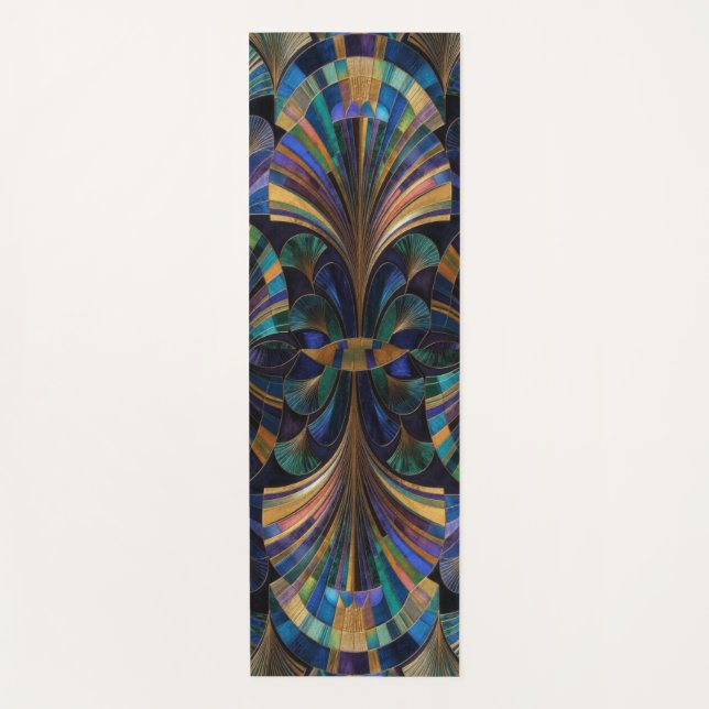 Jewel Tone Peacock Blue Purple Gold Art Deco Yogamatte (Vorderseite)