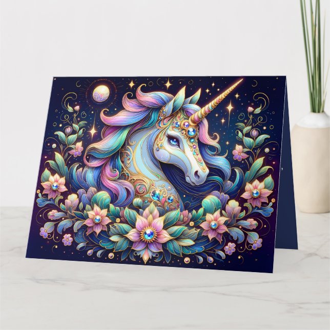 Jewel Toned Unicorn Floral Fantasy Karte (Vorderseite)