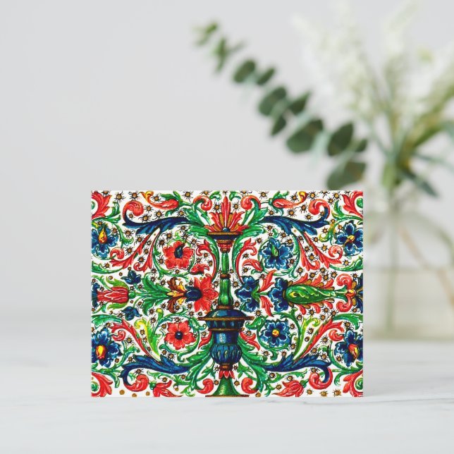 Jewel Tones Mittelalterliches Manuskript-Blume Sku Postkarte (Stehend Vorderseite)