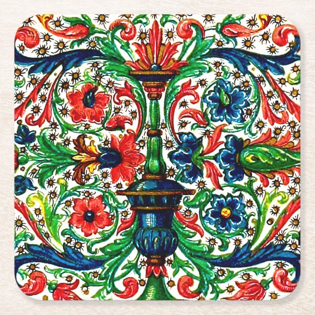 Jewel Tones Mittelalterliches Manuskript-Blume Sku Rechteckiger Pappuntersetzer (Vorderseite)