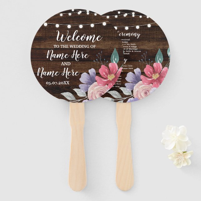 Jewel Wood Floral Wedding Program Blume Fan Fächer (Vorne und Hinten)