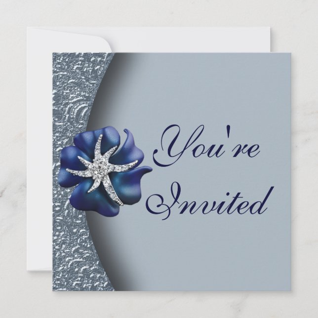 Jeweled blaue Blumen-Party Einladung (Vorderseite)