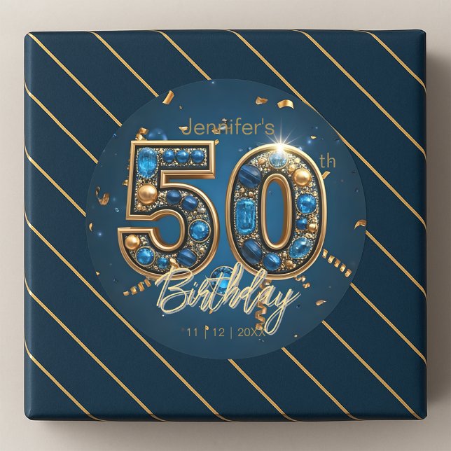 Jeweled Sapphire Blue and Gold 50th Birthday  Runder Aufkleber (Von Creator hochgeladen)