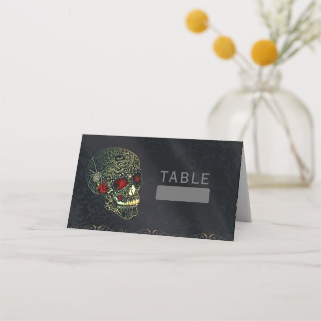 Jeweled Spider Skull & Rose Glam Gothic Party Platzkarte (Vorderseite)