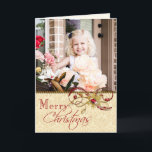 Jeweled Swirls and Damask Photo Christmas Card Feiertagskarte<br><div class="desc">Richly textured and detailed vintage-inspired sparkling swirls in gold and red with center gem and gold snowflake on a neutral damask background with gold beaded trim. Inside text is customizable. Matching products available.</div>
