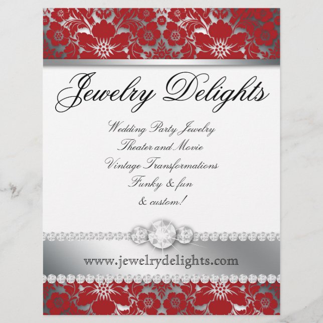 Jewelry Flyer Hair Salon Floral Damask Red Silver (Vorne)