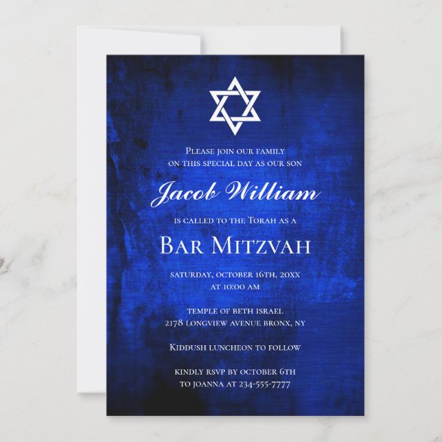 Jewish Bar Mitzvah Blue Watercolor Einladung (Vorderseite)