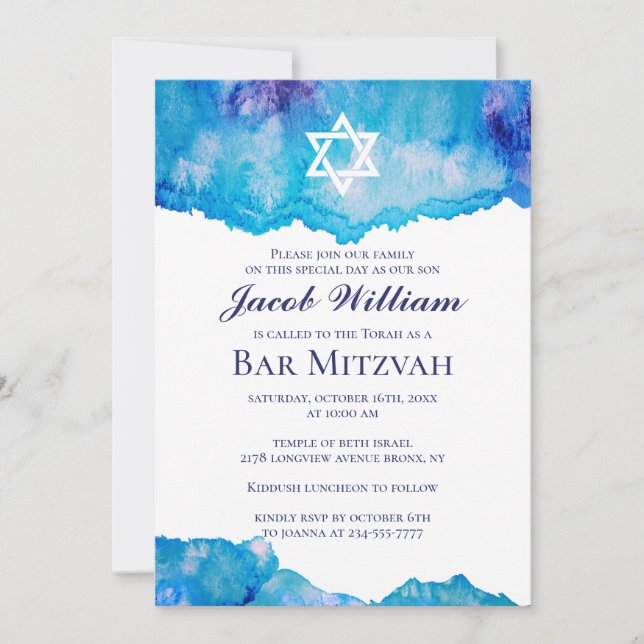 Jewish Bar Mitzvah Blue Watercolor Einladungen (Vorderseite)