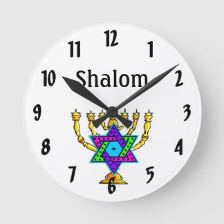 Jewish Candlesticks Shalom Runde Wanduhr