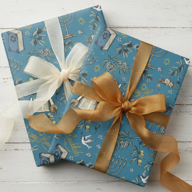 Jewish Happy Hanukkah Menorah & Olive Branches Geschenkpapier (Judaism Religion Hanukkah BlueWrapping Paper. Menorah, Star of David, Dreidel, Torah, Dove, Olives)