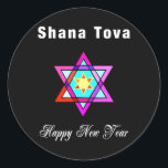 Jewish Star Shana Tova Runder Aufkleber<br><div class="desc">Shana Tova Jewish Star besticht durch einen hebräischen Glasstar aus David und einen sonnigen Gruß für ein glückliches Neues Jahr.</div>
