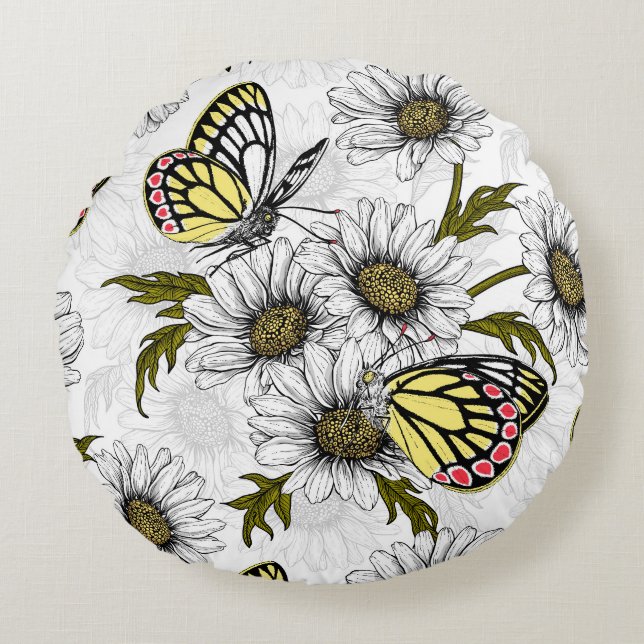 Jezebel-Schmetterlinge und weiße Blume Rundes Kissen (Vorderseite)