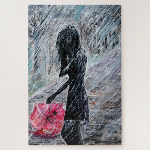 Jigsaw Puzzle Frau mit Regenschirm in Regen