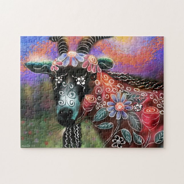 Jigsaw Puzzle - Whimsical Floral Goat Abstrait Art (Horizontal)