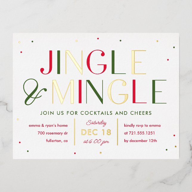 Jingle and Mingle Foil Christmas Party Postcard Folie Einladungspostkarte (Vorderseite)