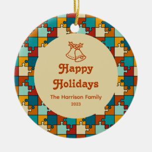 Jingle Bell Vintag Puzzle Happy Holidays Family Keramik Ornament