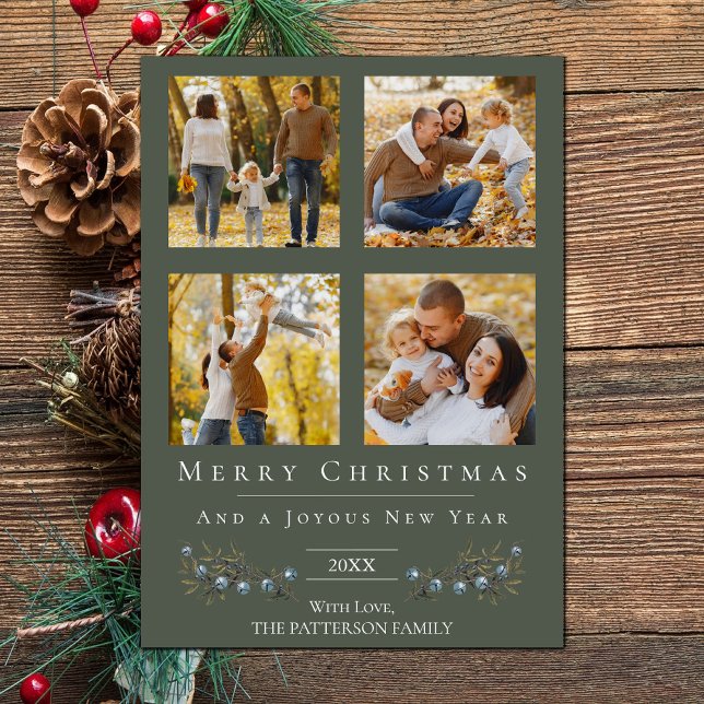 Jingle Bells Foto Collage Weihnachten | Green (Green Jingle Bells Four Photo Christmas Holiday Card)